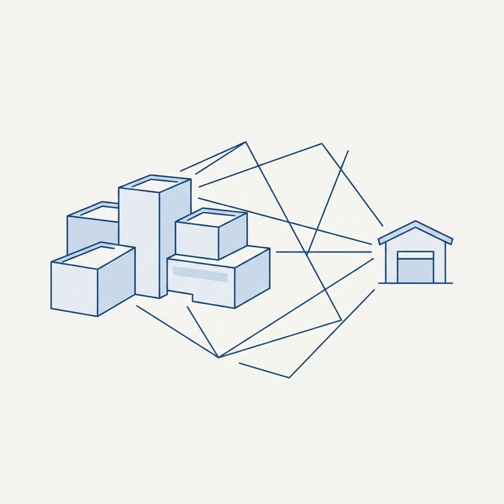 Line illustration of an institutional building connected to a workshop
