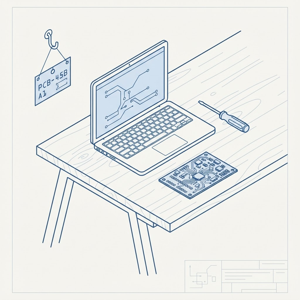 Line illustration of a workshop workbench with a laptop, a screwdriver and a hanging job tag